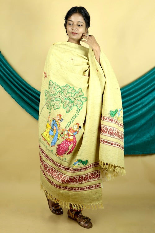 Diorama Designs Pattachitra "Mayur" Handpainted Raw Silk Cotton  Shawl