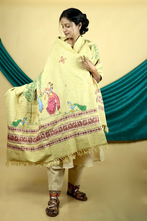 Diorama Designs Pattachitra "Mayur" Handpainted Raw Silk Cotton  Shawl