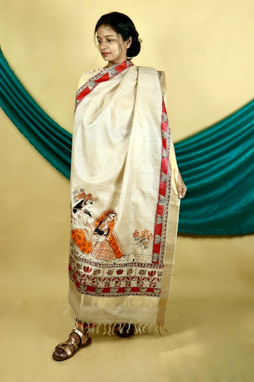 Diorama Designs Madhubani Hand-Painted  "Madana Mohini" Natural Tussar Silk Dupatta