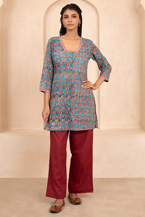 Shuddhi Sea Green Handblock Printed Short Kurti