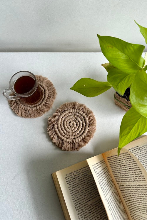 House Of Macrame Round Fringe Coasters - Sand