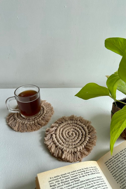 House Of Macrame Round Fringe Coasters - Sand