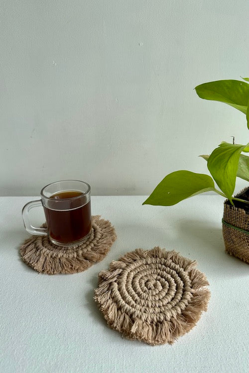 House Of Macrame Round Fringe Coasters - Sand