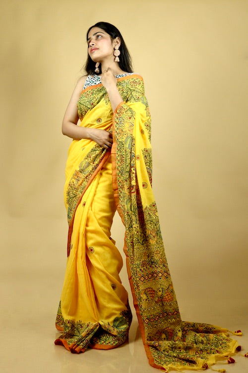 Madhubani Traditional Hand-Painted Mul Cotton Saree