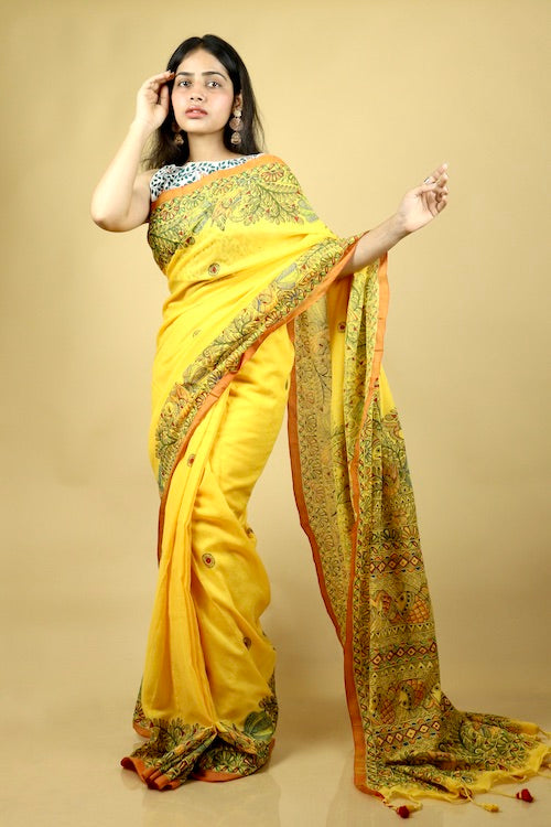Madhubani Traditional Hand-Painted Mul Cotton Saree