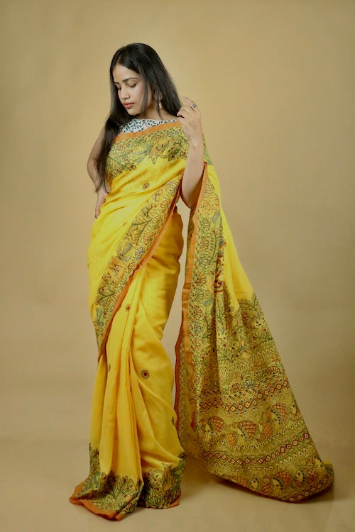 Madhubani Traditional Hand-Painted Mul Cotton Saree