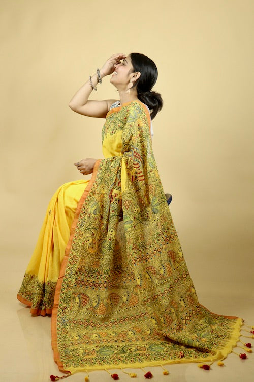Madhubani Traditional Hand-Painted Mul Cotton Saree