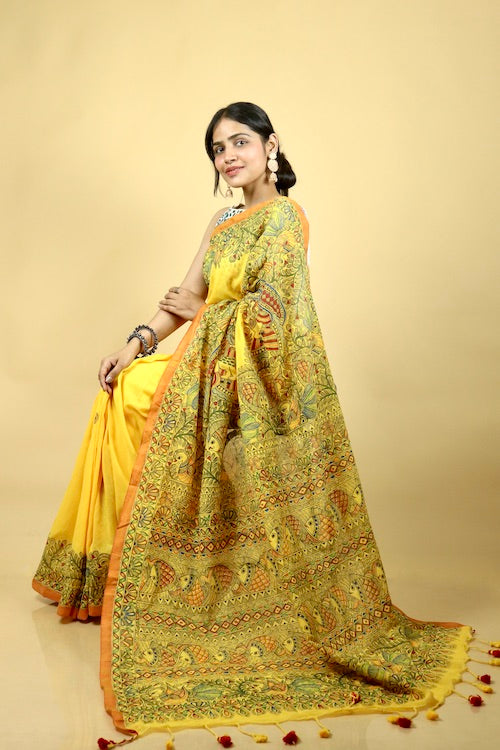 Madhubani Traditional Hand-Painted Mul Cotton Saree