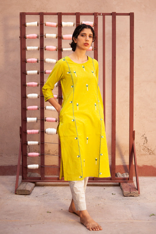 embroidered kurta, stylish kurta for women, yellow kurta