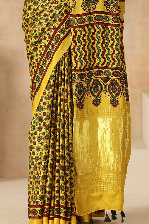 Jahangir Khatri - Yellow Ajrakh Modal Tissue Pallu Saree