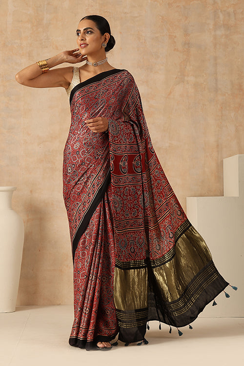 Jahangir Khatri - Red Ajrakh Modal Tissue Pallu Saree