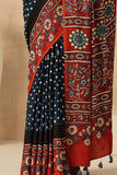 Jahangir Khatri - Traditional Ajrakh Hand Block Print With Bandhani Royal Blue Modal Saree With Tassels