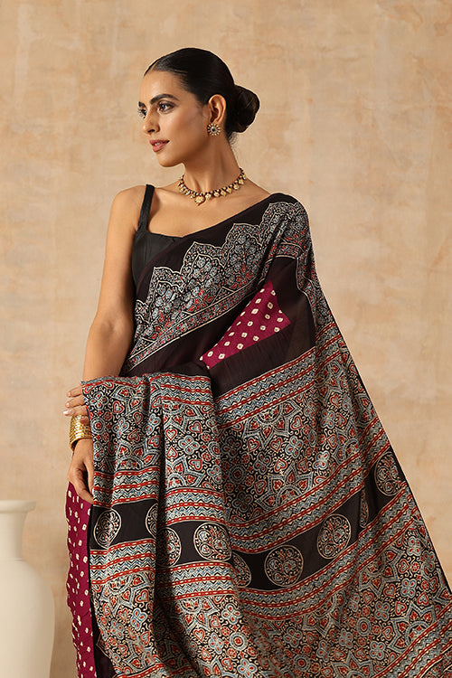 Jahangir Khatri - Black & Magenta Ajrakh & Bandhani Modal Saree