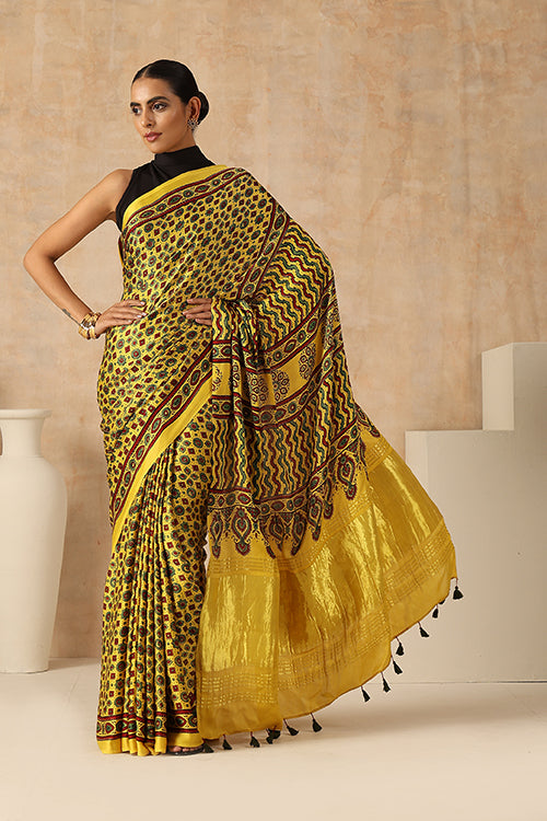 Jahangir Khatri - Yellow Ajrakh Modal Tissue Pallu Saree