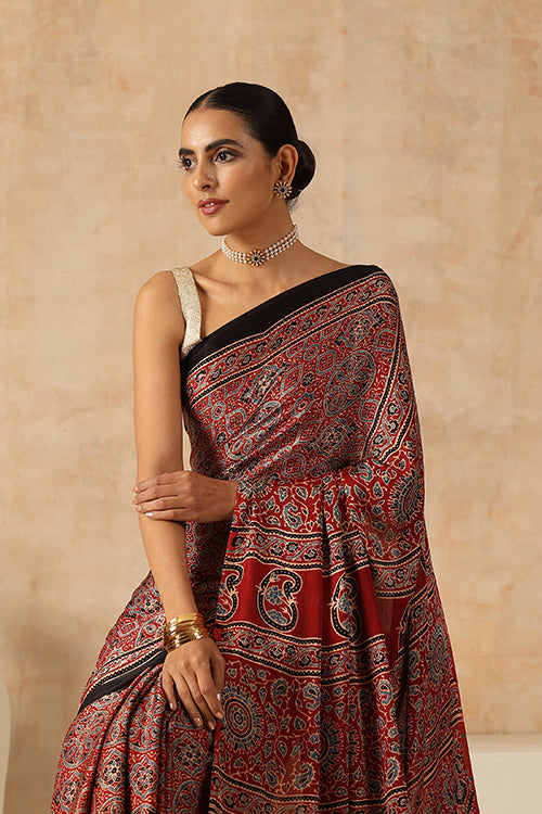 Jahangir Khatri - Red Ajrakh Modal Tissue Pallu Saree