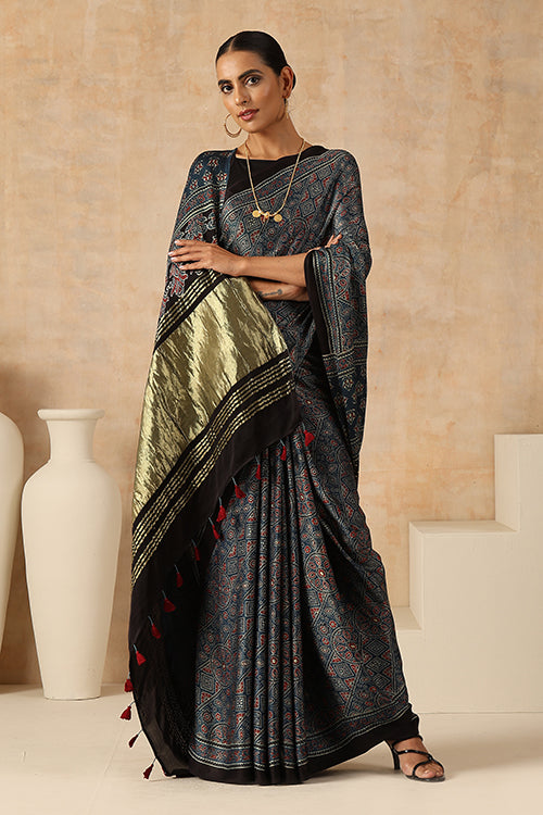 Jahangir Khatri - Indigo Blue Ajrak Modal Tissue Pallu Saree
