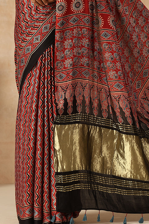 Jahangir Khatri - Red Ajrakh Modal Tissue Pallu Saree