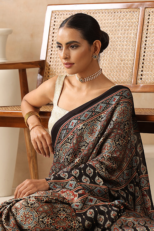 Jahangir Khatri - Black Ajrakh Modal Tissue Pallu Saree