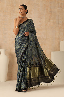 Jahangir Khatri - Indigo Blue Ajrakh Modal Tissue Saree - 040