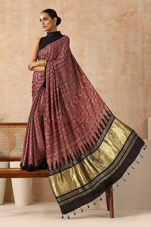 Jahangir Khatri - Red Ajrakh Modal Tissue Pallu Saree
