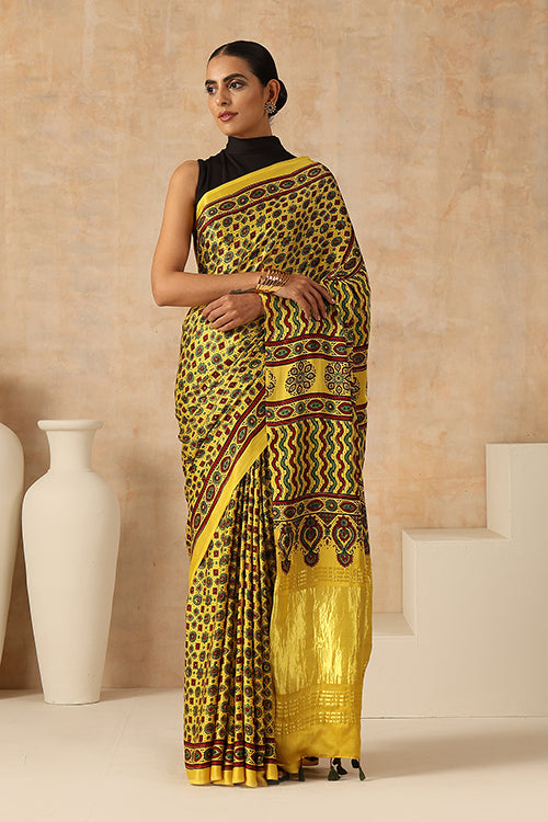 Jahangir Khatri - Yellow Ajrakh Modal Tissue Pallu Saree