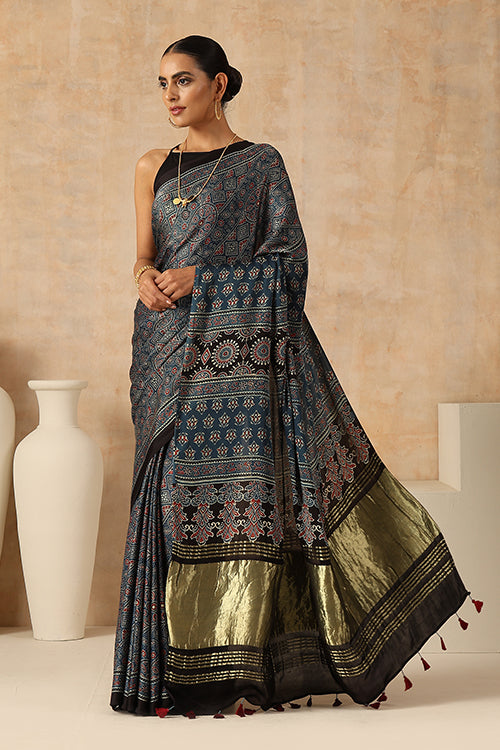 Jahangir Khatri - Indigo Blue Ajrak Modal Tissue Pallu Saree