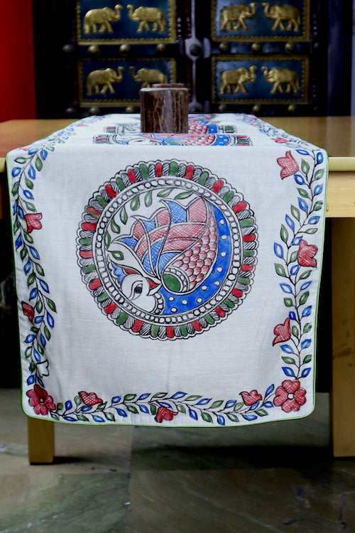 Diorama Designs Chanderi Silk Handpainted "Neelkanth Madhubani" Table Runner