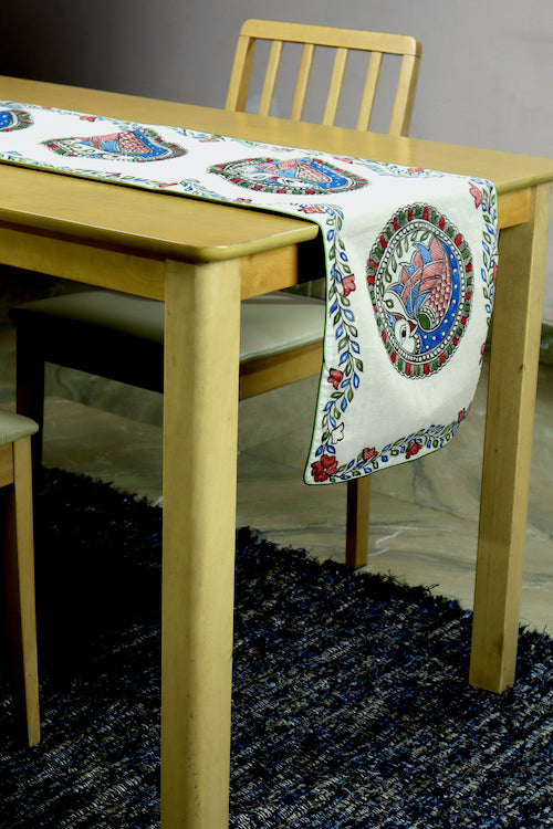 Diorama Designs Chanderi Silk Handpainted "Neelkanth Madhubani" Table Runner