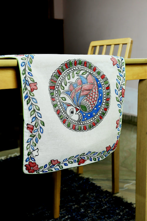 Diorama Designs Chanderi Silk Handpainted "Neelkanth Madhubani" Table Runner & Mats