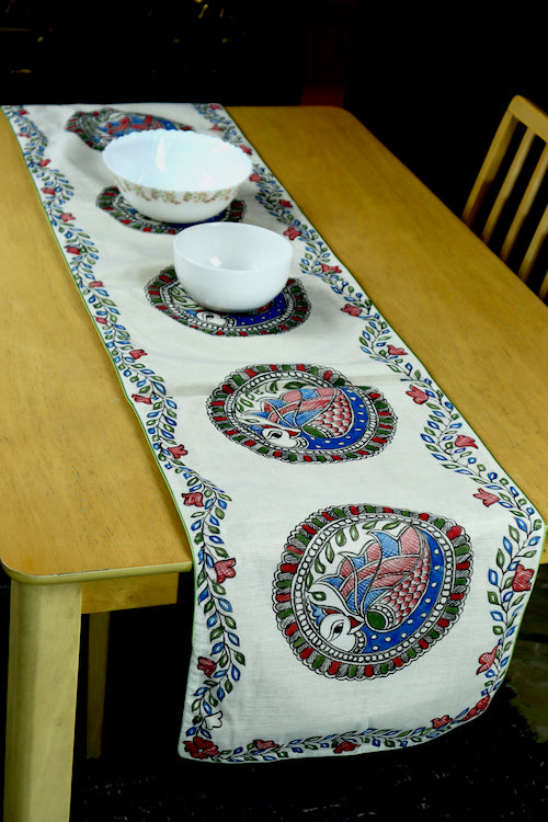 Diorama Designs Chanderi Silk Handpainted "Neelkanth Madhubani" Table Runner