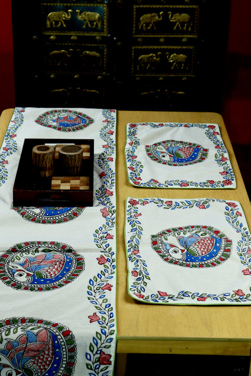 Diorama Designs Chanderi Silk Handpainted "Neelkanth Madhubani" Table Runner