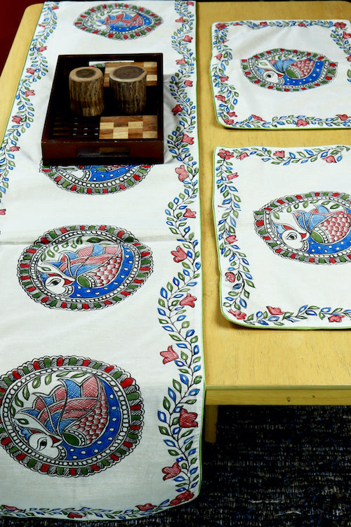 Diorama Designs Chanderi Silk Handpainted "Neelkanth Madhubani" Table Mats