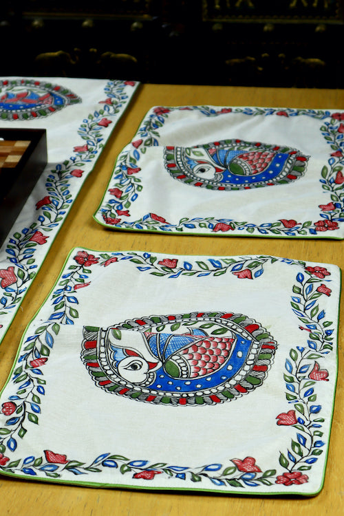 Diorama Designs Chanderi Silk Handpainted "Neelkanth Madhubani" Table Mats