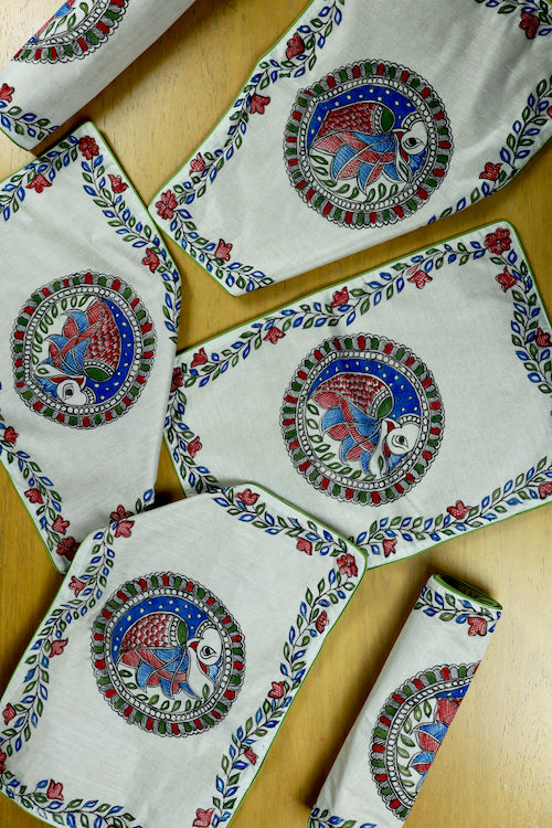 Diorama Designs Chanderi Silk Handpainted "Neelkanth Madhubani" Table Mats