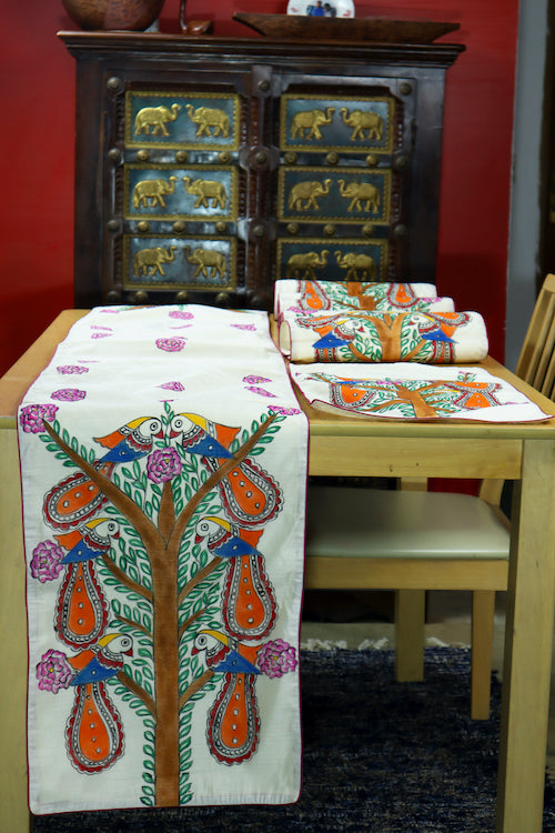 Diorama Designs Handpainted Chanderi Silk "Birds In Harmony" Table Runner & Mats