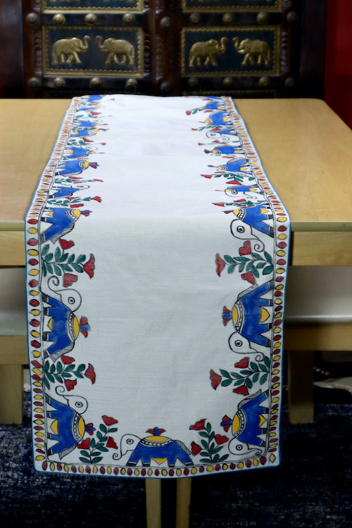 Diorama Designs Chanderi Silk Handpainted "Matang Madhubani" Table Runner