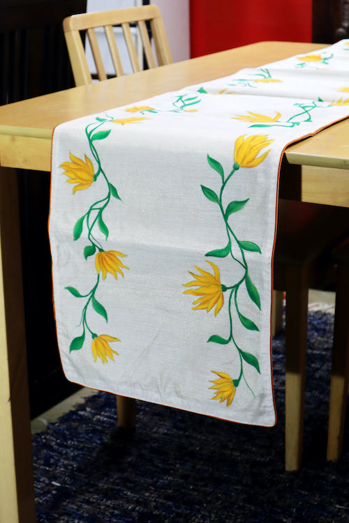 Diorama Designs Handpainted Pichwai Chanderi Silk Magnolia Table Runner & Mats