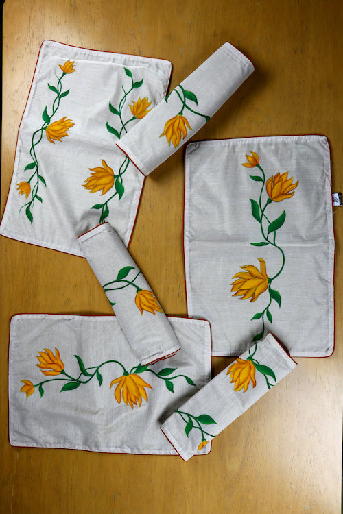 Diorama Designs Handpainted Pichwai Chanderi Silk Magnolia Table Runner & Mats