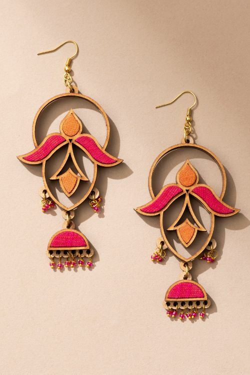 Whe Pink And Orange Festive Upcycled Fabric And Repurposed Wood Elaborate Danglers