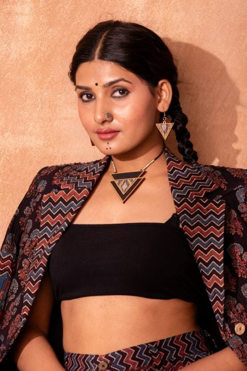 Whe Brown Upcycled Fabric And Repurposed Wood Triangular Earrings