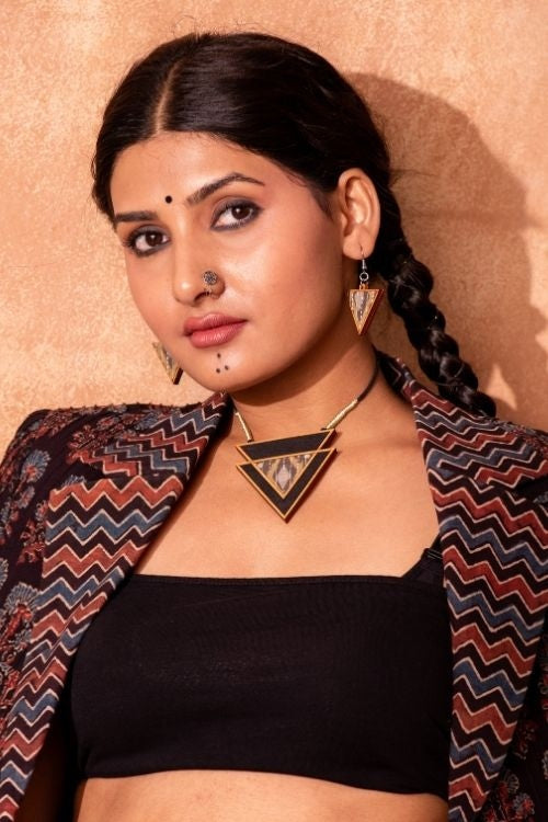 Whe Brown Upcycled Fabric And Repurposed Wood Triangular Earrings