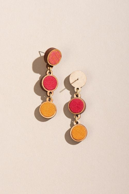 Whe Red Orange Festive Upcycled Fabric And Repurposed Wood Round Earring