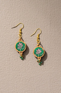 Whe Green Festive Pure Banarasi Brocade Fabric & Repurposed Wood Earrings
