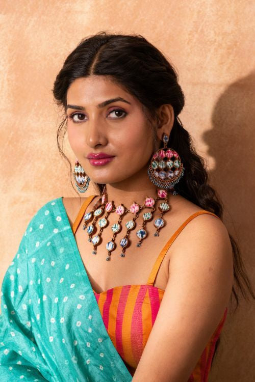 Whe Handcrafted Multicolor Tie And Dye Repurposed Wood And Fabric Statement Earrings