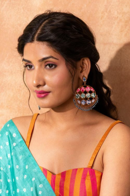 Whe Handcrafted Multicolor Tie And Dye Repurposed Wood And Fabric Statement Earrings