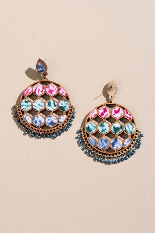 Whe Handcrafted Multicolor Tie And Dye Repurposed Wood And Fabric Statement Earrings