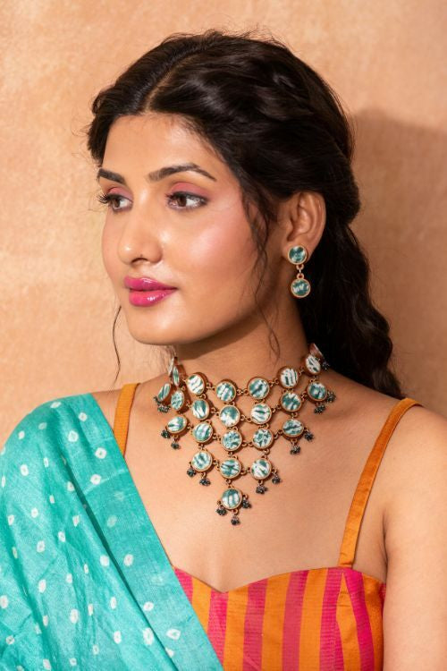 Whe Handcrafted Green Tie And Dye Repurposed Wood And Fabric Earrings