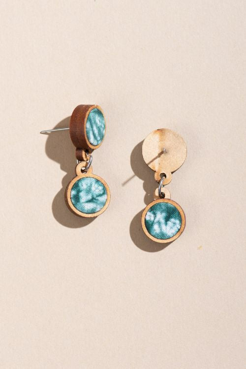 Whe Handcrafted Green Tie And Dye Repurposed Wood And Fabric Earrings