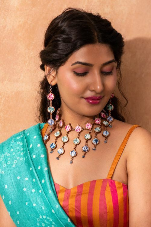 Whe Handcrafted Multicolor Tie And Dye Repurposed Wood And Fabric Dangler Earrings