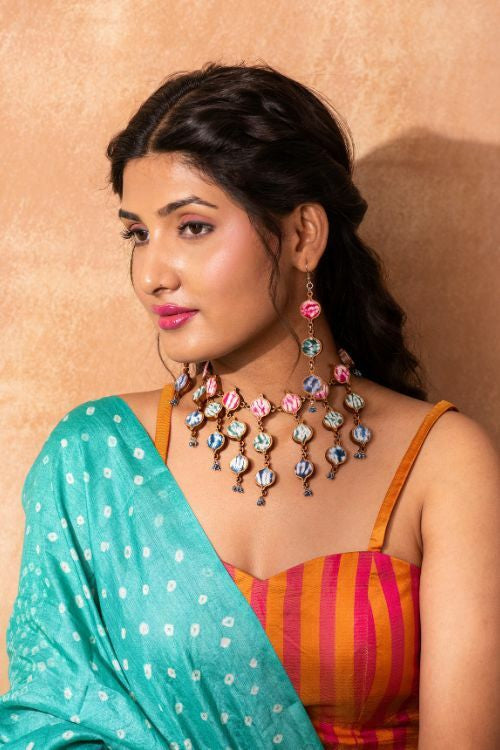 Whe Handcrafted Multicolor Tie And Dye Repurposed Wood And Fabric Dangler Earrings